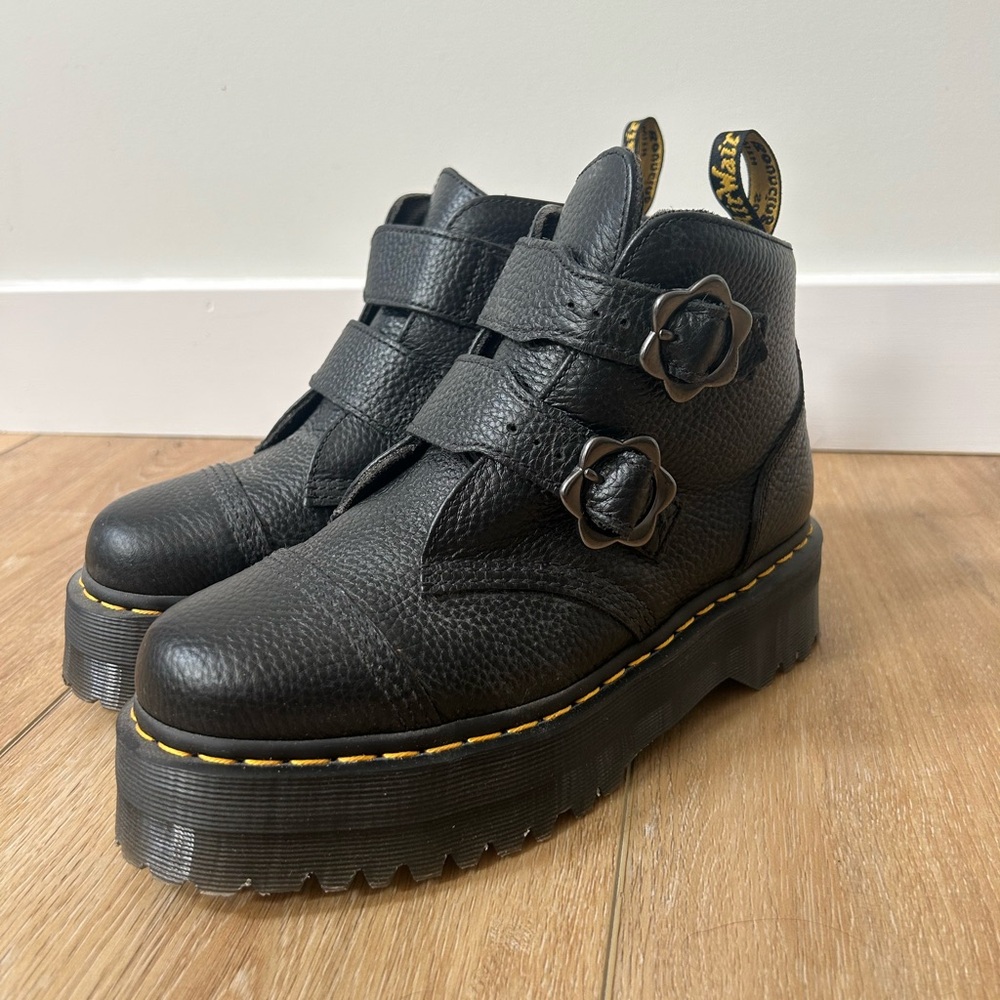 Dr. Martens Black Leather Platform Ankle Boots with Floral Buckle Straps